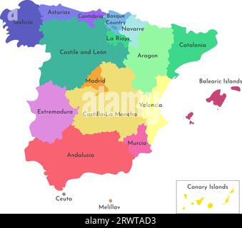 Vector isolated illustration of simplified administrative map of Spain. Borders of the counties and names. Colorful silhouettes. White background Stock Vector
