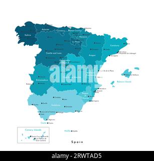 Vector isolated illustration. Simplified administrative map of Spain (including Balearic, Canary islands, Melilla, Ceuta). White background. Names of Stock Vector