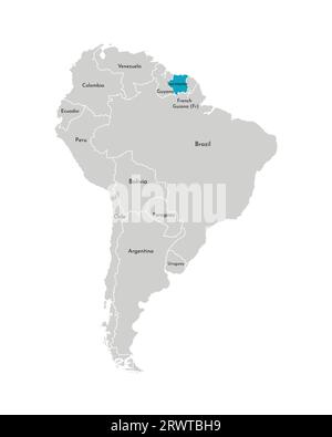 Vector illustration with simplified map of South America continent with blue contour of Suriname. Grey silhouettes, white outline of states' border. Stock Vector