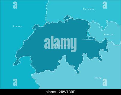 Vector modern illustration. Simplified map of Switzerland and borders with neighboring countries France, Germany, Italy, Austria, Liechtenstein. Blue Stock Vector