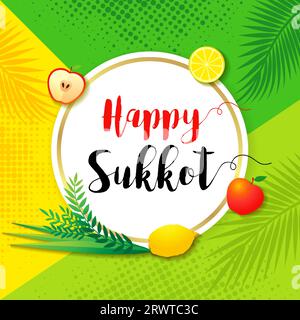 Happy Sukkot card with etrog, lulav, apple and palm leaf. Jewish holiday Sukkot web banner with palm leaves, aravah and hadas. Vector illustration Stock Vector