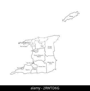 Vector isolated illustration of simplified administrative map of Trinidad and Tobago. Borders and names of the regions. Black line silhouettes. Stock Vector