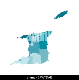 Vector isolated illustration of simplified administrative map of Trinidad and Tobago. Borders of the regions. Colorful blue khaki silhouettes. Stock Vector