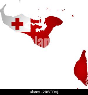 Illustration with national flag with simplified  shape of Tonga map (jpg). Volume shadow on the map. Stock Vector