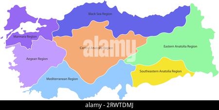 Colorful vector isolated simplified map of Turkey regions. Borders and names of administrative divisions. White background Stock Vector