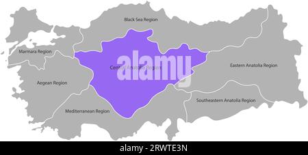 Vector isolated simplified map of Turkey regions. Marked Central Anatolia Region. Borders and names of administrative divisions. Grey silhouettes, Whi Stock Vector