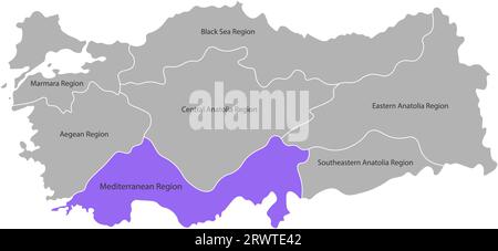 Vector isolated simplified map of Turkey regions. Marked Mediterranean Region. Borders and names of administrative divisions. Grey silhouettes, White Stock Vector