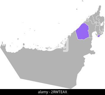 Vector isolated simplified colorful illustration with grey silhouette of United Arab Emirates (UAE), violet contour of Dubai region and white outline Stock Vector