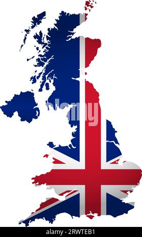 Illustration with UK national flag with simplified  shape of United Kingdom of Great Britain and Northern Ireland map (jpg). Volume shadow on the map Stock Vector