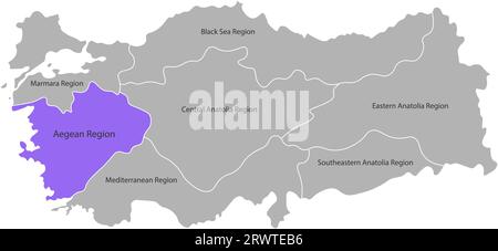 Vector isolated simplified map of Turkey regions. Marked Aegean Region. Borders and names of administrative divisions. Grey silhouettes, White backgro Stock Vector
