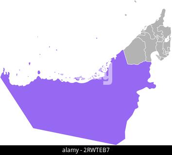 Vector isolated simplified colorful illustration with grey silhouette of United Arab Emirates (UAE), violet contour of Abu Dhabi region and white outl Stock Vector