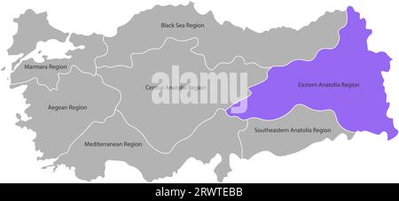 Vector isolated simplified map of Turkey regions. Marked Eastern Anatolia Region. Borders and names of administrative divisions. Grey silhouettes, Whi Stock Vector