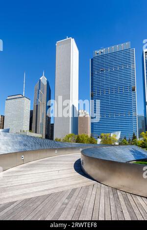 Chicago city downtown skyline skyscraper and BP Pedestrian Bridge portrait format traveling in the United States Stock Photo