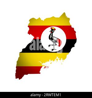 Vector isolated illustration with ugandan national flag with shape of Uganda map (simplified) including national symbol - grey crowned crane. Volume s Stock Vector