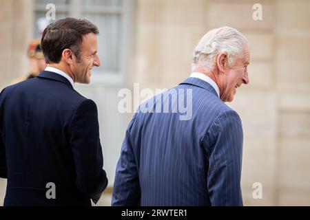 Paris, France. 20th Sep, 2023. French President Emmanuel Macron and King of the United Kingdom Charles III seen leaving the Elysée Palace. King of the United Kingdom Charles III and Queen Camilla are making their first official visit to France since their accession to the throne. After the reception and ceremony at the Arc de Triomphe, they went accompanied by French President Emmanuel Macron and First Lady Brigitte Macron to the Elysée Palace in Paris, France. (Photo by Telmo Pinto/SOPA Images/Sipa USA) Credit: Sipa USA/Alamy Live News Stock Photo