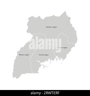 Vector isolated illustration of simplified administrative map of Uganda. Borders and names of the regions. Grey silhouettes. White outline Stock Vector