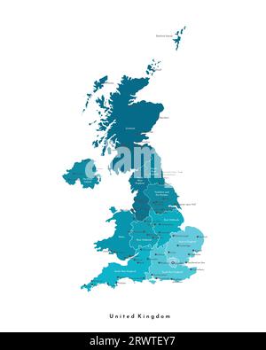 Vector modern isolated illustration. Simplified administrative map of United Kingdom of Great Britain and Northern Ireland (UK). Blue shapes. Names of Stock Vector