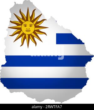 Illustration with national flag with simplified  shape of Uruguay map (jpg). Volume shadow on the map. Stock Vector