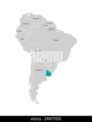 Vector illustration with simplified map of South America continent with blue contour of Uruguay. Grey silhouettes, white outline of states' border. Stock Vector