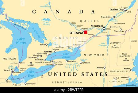 Quebec City Windsor Corridor, political map. Most densely populated  region of Canada, extending between Quebec City and Windsor, Ontario. Stock Photo