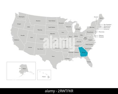 Vector isolated illustration of simplified administrative map of the USA. Borders of the states with names. Blue silhouette of Georgia (state of US). Stock Vector