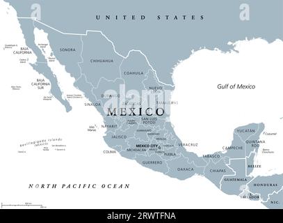 States of Mexico, gray political map. The United Mexican States, a country in the southern portion of North America. Federal republic. Stock Photo