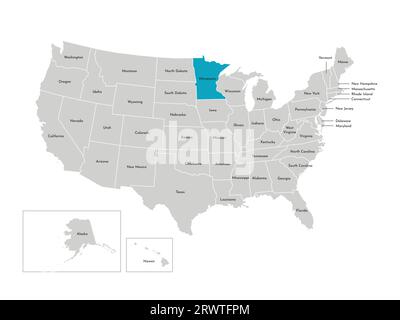 Vector isolated illustration of simplified administrative map of the USA. Borders of the states with names. Blue silhouette of Minnesota (state). Stock Vector