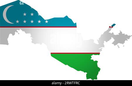 Illustration with national flag with simplified  shape of Uzbekistan map (jpg). Volume shadow on the map. Stock Vector