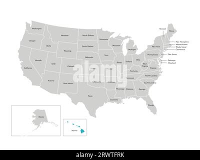 Vector isolated illustration of simplified administrative map of the USA. Borders of the states with names. Blue silhouette of Hawaii (state). Stock Vector