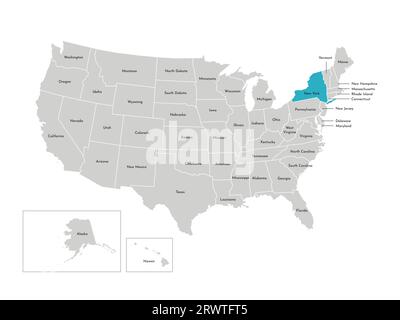 Vector isolated illustration of simplified administrative map of the USA. Borders of the states with names. Blue silhouette of New York (state). Stock Vector