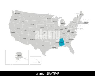 Vector isolated illustration of simplified administrative map of the USA. Borders of the states with names. Blue silhouette of Alabama (state). Stock Vector