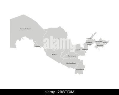 Vector isolated illustration of simplified administrative map of Uzbekistan. Borders and names of the provinces (regions). Grey silhouettes. White out Stock Vector