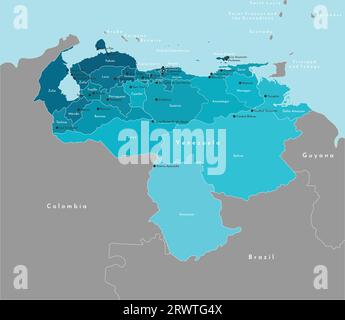 Vector modern illustration. Simplified administrative map of Venezuela and and border with neighboring countries. Blue background of Caribbean Sea. Na Stock Vector