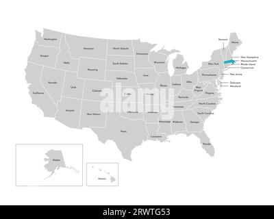 Vector isolated illustration of simplified administrative map of the USA. Borders of the states with names. Blue silhouette of Massachusetts (state). Stock Vector