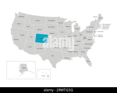 Vector isolated illustration of simplified administrative map of the USA. Borders of the states with names. Blue silhouette of Colorado (state). Stock Vector