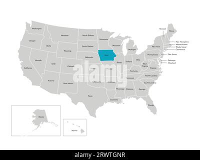 Vector isolated illustration of simplified administrative map of the USA. Borders of the states with names. Blue silhouette of Iowa (state). Stock Vector