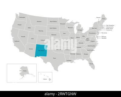 Vector isolated illustration of simplified administrative map of the USA. Borders of the states with names. Blue silhouette of New Mexico (state). Stock Vector