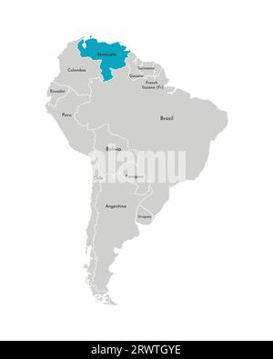 Vector illustration with simplified map of South America continent with blue contour of Venezuela. Grey silhouettes, white outline of states' border. Stock Vector