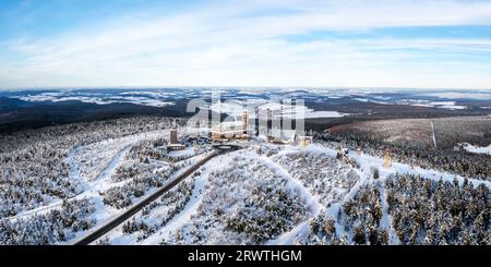 Fichtelberg highest mountain in Erzgebirge in winter snow aerial view photo panorama in Oberwiesenthal, Germany Stock Photo