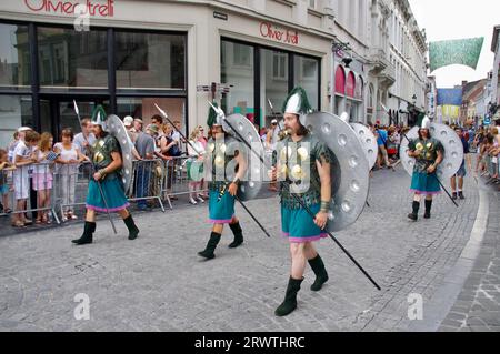 Viking Soldiers with spears and sheilds in The Procession of the Golden Tree Pageant, held every 5 years since 1958. Bruges, Belgium. Stock Photo