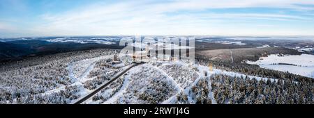 Fichtelberg highest mountain in Erzgebirge in winter snow aerial view photo panorama in Oberwiesenthal, Germany Stock Photo