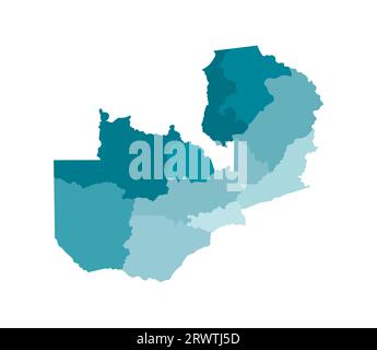 Vector isolated illustration of simplified administrative map of Zambia. Borders of the provinces (regions). Colorful blue khaki silhouettes. Stock Vector