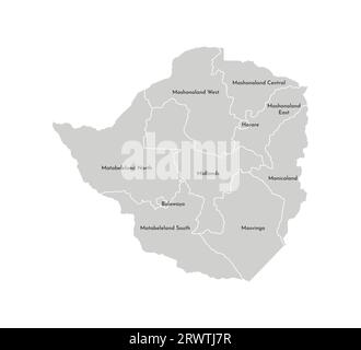 Vector isolated illustration of simplified administrative map of Zimbabwe. Borders and names of the provinces (regions). Grey silhouettes. White outli Stock Vector