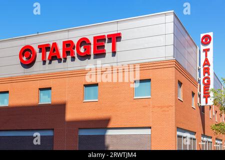 Chicago, United States - May 3, 2023: Target logo on a discount department store branch supermarket shop discounter in Chicago, United States. Stock Photo