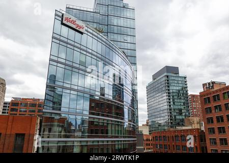 Chicago, United States - May 2, 2023: Kellogg's corporate office of the cereal corn flakes company with logo in Chicago, United States. Stock Photo