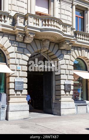 Zurich, Switzerland - August 10, 2023: Credit Suisse Bank company headquarters at Paradeplatz in Zurich, Switzerland. Stock Photo