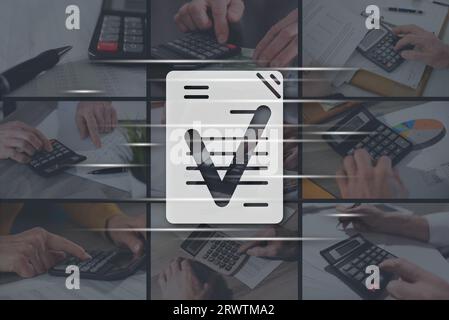 Document validation concept illustrated by pictures on background Stock Photo