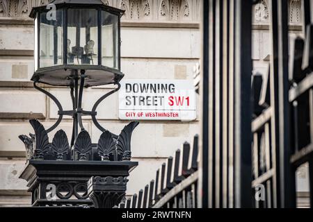 LONDON- SEPTEMBER, 18, 2023: Downing Street sign, location of 10 Downing Street, official residence and office for the Prime Minister of the UK Stock Photo