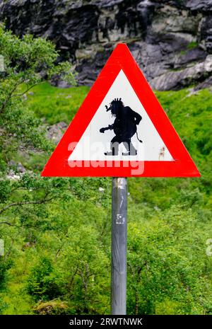 'Be aware of Trolls'.  Road sign in Møre & Romsdal county, Norway. Stock Photo
