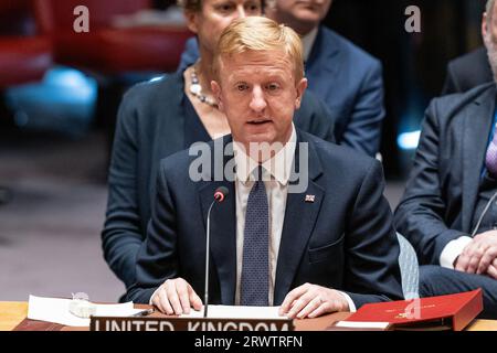 New York, United States. 20th Sep, 2023. UK Oliver Dowden MP, Deputy Prime Minister speaks during the SC meeting on maintenance of international peace and security at UN Headquarters in New York. Theme of the meeting is Upholding the purposes and principles of the UN Charter through effective multilateralism: maintenance of peace and security of Ukraine was set on the basis that Russia invaded sovereign country - Ukraine and violated UN Charter. (Photo by Lev Radin/Pacific Press) Credit: Pacific Press Media Production Corp./Alamy Live News Stock Photo